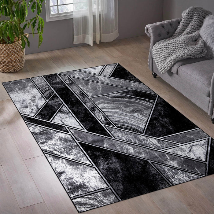 Ritz Geometric Modern Rug Silver & Black