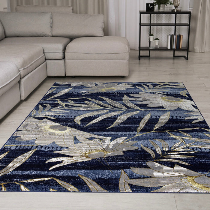 Ritz Floral Modern Rug Gold & Navy